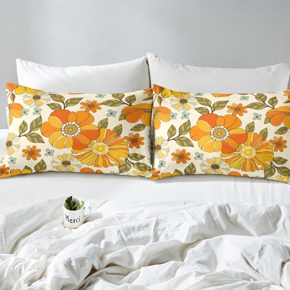 Retro Flowers Duvet Cover Set King Size,Watercolor Yellow Floral Green Leaves Pl - Picture 7 of 9